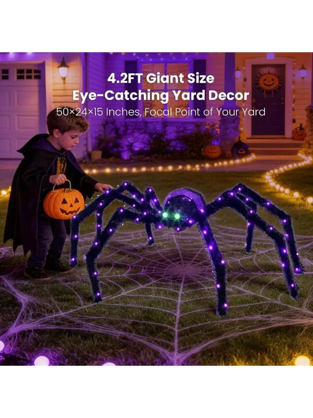 Giant 4.2FT Lighted Spider Halloween Decoration - Waterproof Outdoor Decor with